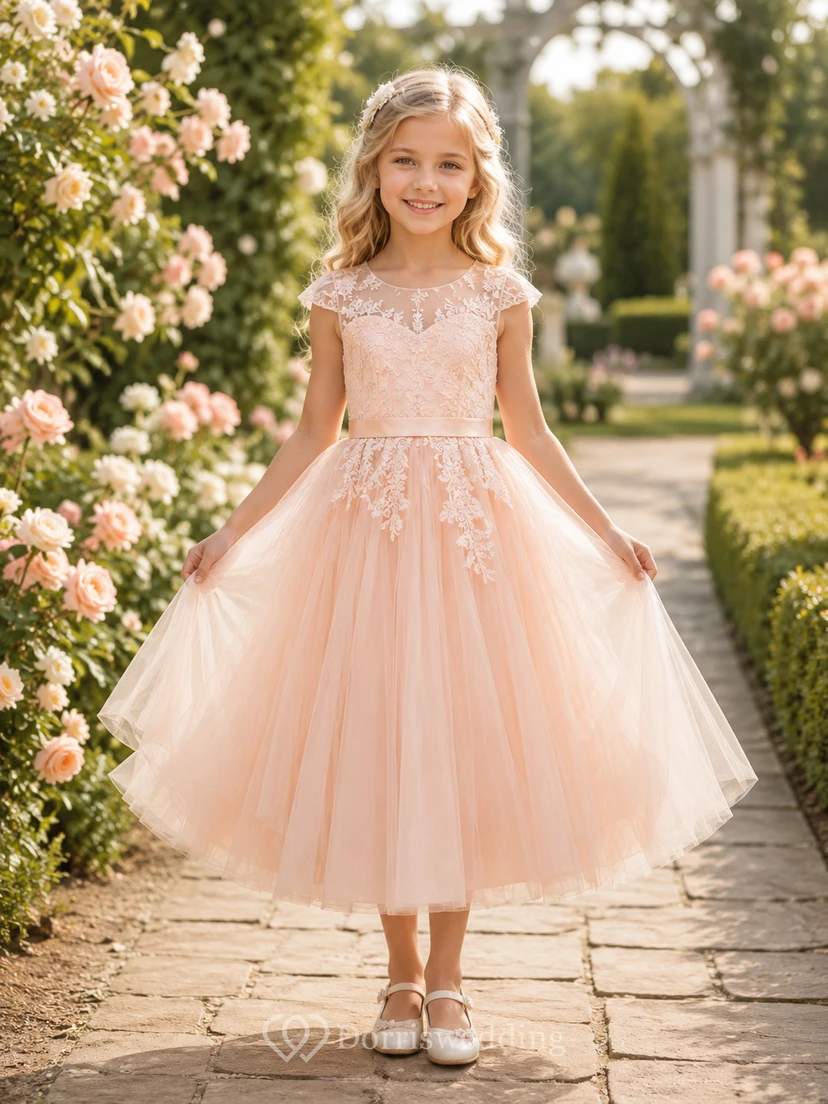 Blumenmädchenkleid aus rosafarbener Spitze und Tüll, A-Linie, Rundhalsausschnitt, Teelänge, florale Applikationen
