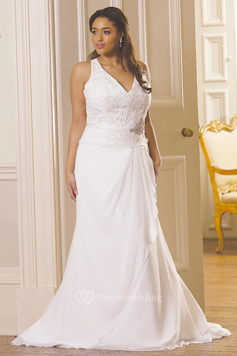 Sheath V-Neck Sleeveless Jeweled Chiffon Plus Size Wedding Dress With Draping