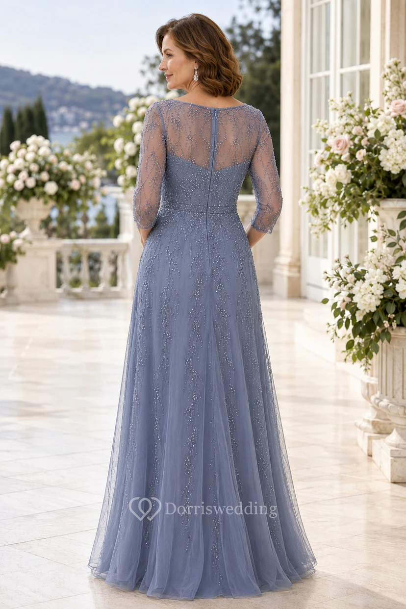 Steel Blue Bateau Lace Chiffon A-Line Mother Dress view 2