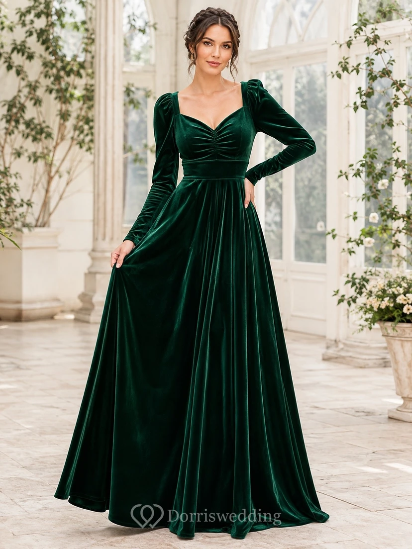 Vestido formal elegante de terciopelo verde oscuro con escote cuadrado y manga larga, corte en A.