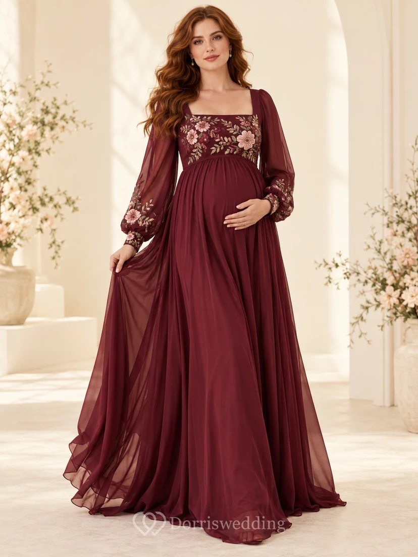 Maternity Long Sleeve Square Neck Burgundy Floral Embroidered Chiffon Gown