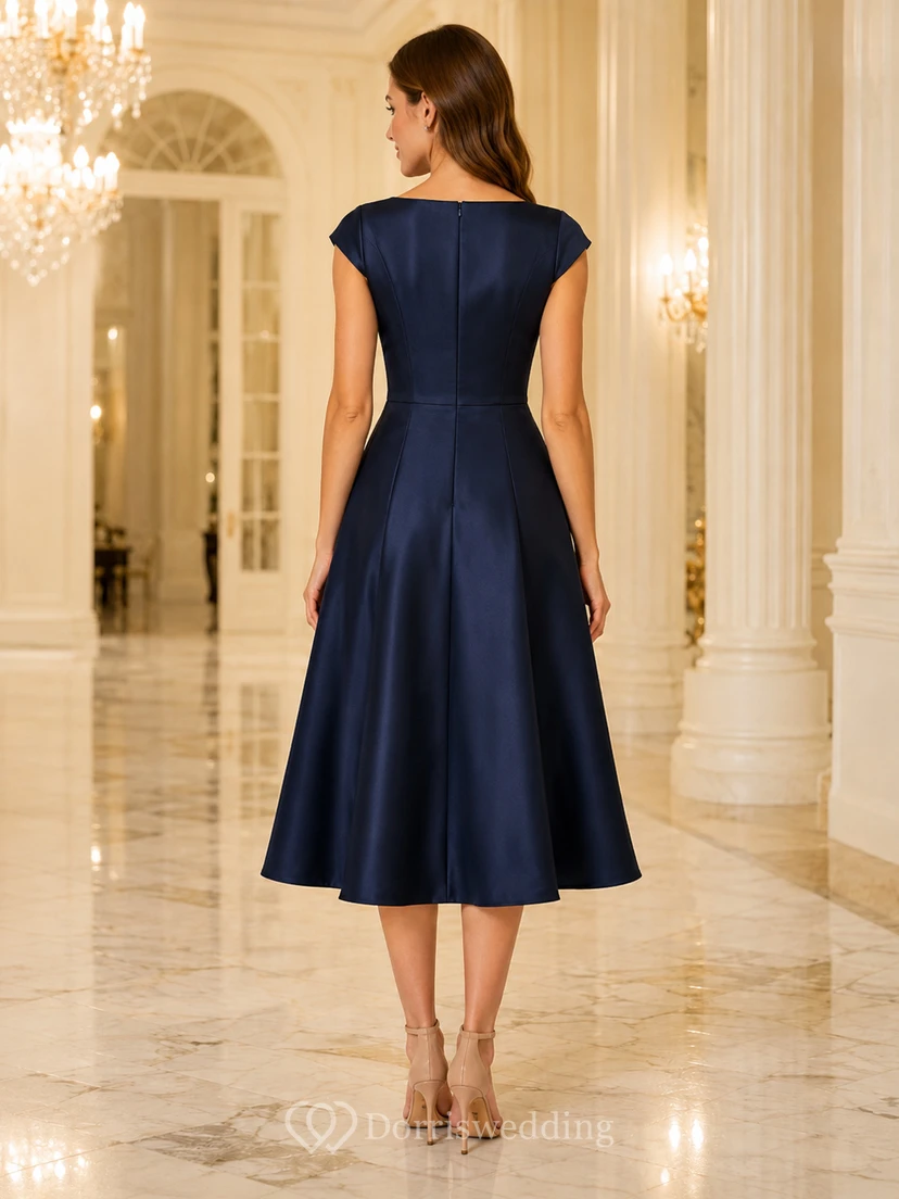 Navy Satin Square Neck Cap Sleeve Tea Length Dress view 2