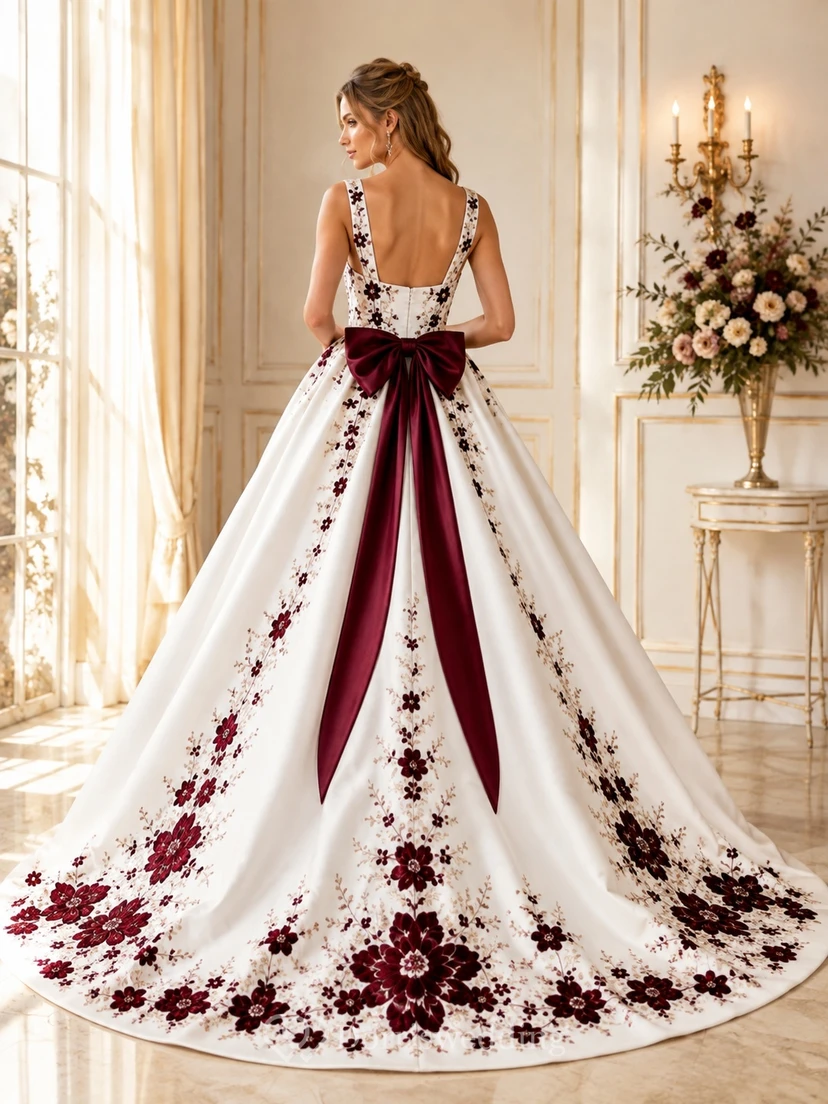 Burgunderfarbenes, eckiges Satin-Ballkleid mit Spaghettiträgern, Stickerei und Schleife, bestickt, mit Spaghettiträgern view 2