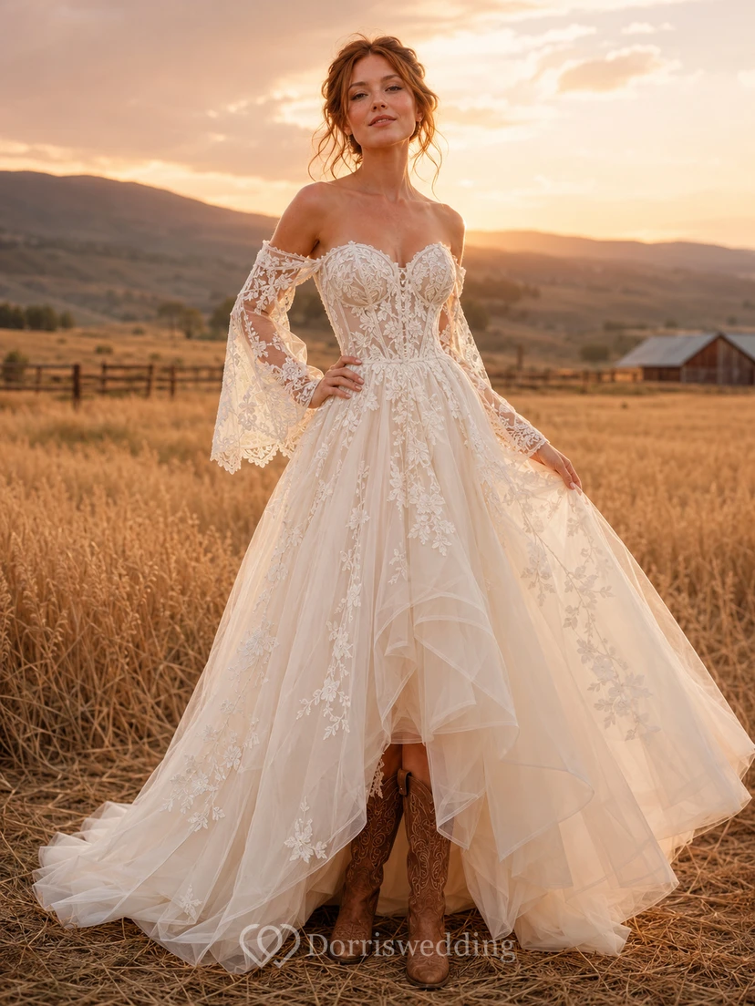 Boho Lace A-Line Off Shoulder Long Sleeve High-Low Wedding Dress