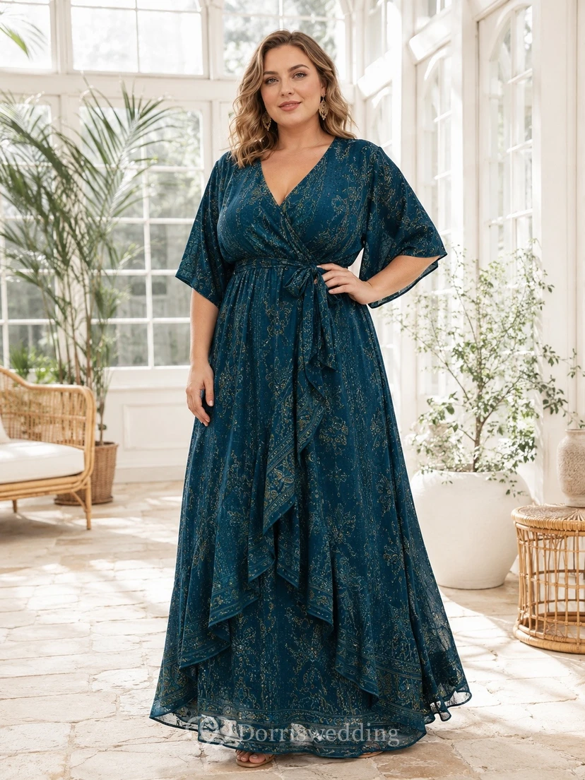 Peacock Boho V-Neck Short Sleeve Printed Plus Size Maxi Dress