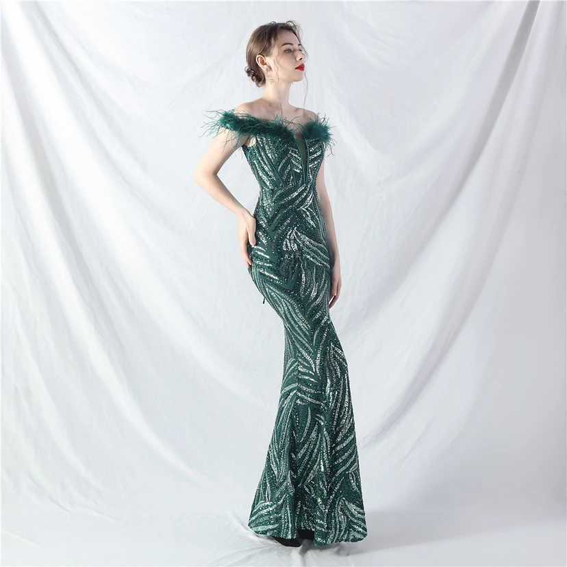 Robe de soirée haut de gamme à sequins, ornée d'un gilet à taille en arêtes de poisson et de plumes d'autruche. view 22