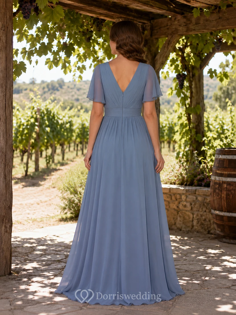 Steel Blue Chiffon A-Line V-Neck Flutter Sleeve Pleated Low Back Floor-Length Bridesmaid Dress view 2