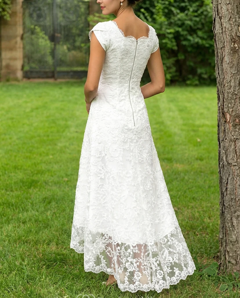 High-Low Lace Wedding Dress with Cap Sleeves view 2