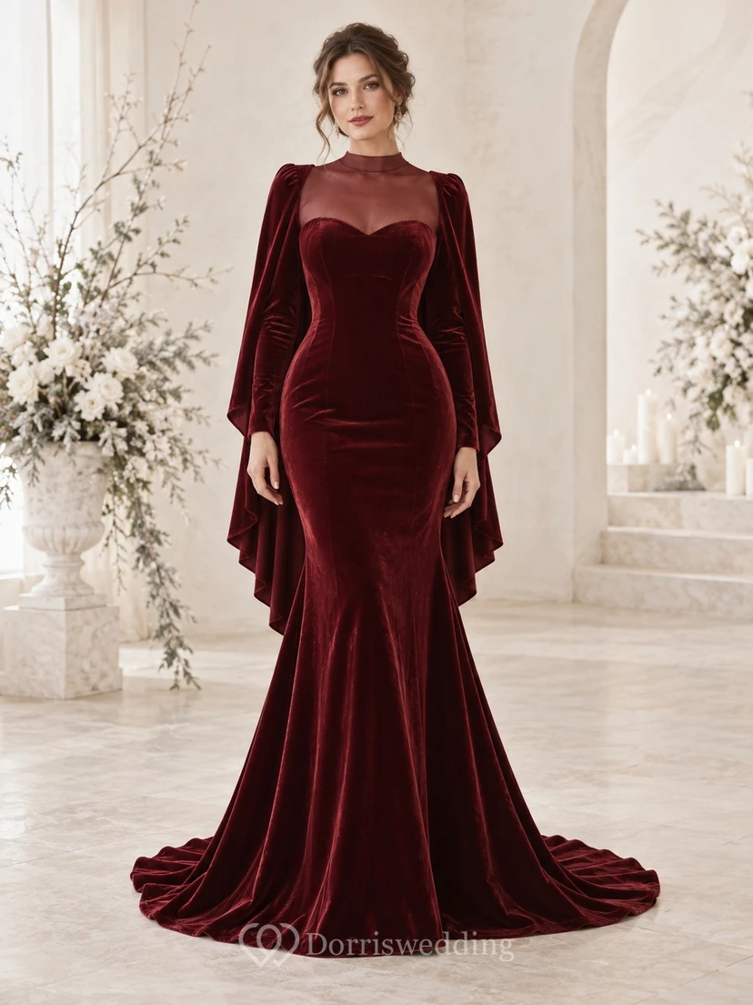 Vestido de novia de terciopelo con capa y escote corazón, manga larga, color burdeos, estilo sirena, ideal para invierno.