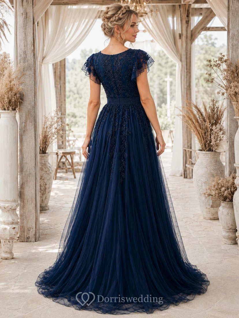 Dunkelblaues, formelles Boho-Spitzenkleid mit V-Ausschnitt, kurzen Ärmeln und Garten view 2