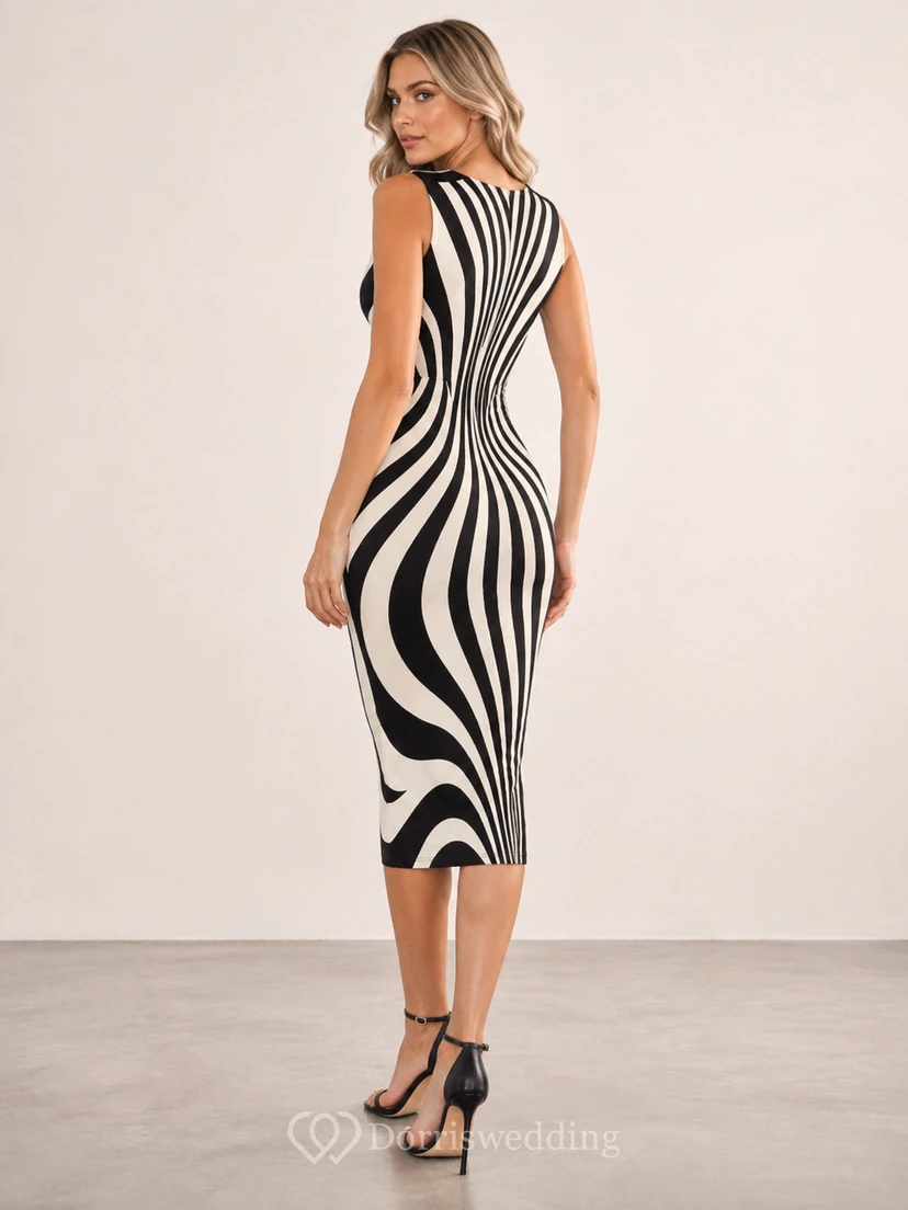 Vestido midi ajustado de cuello alto con efecto ilusión óptica en color negro view 2