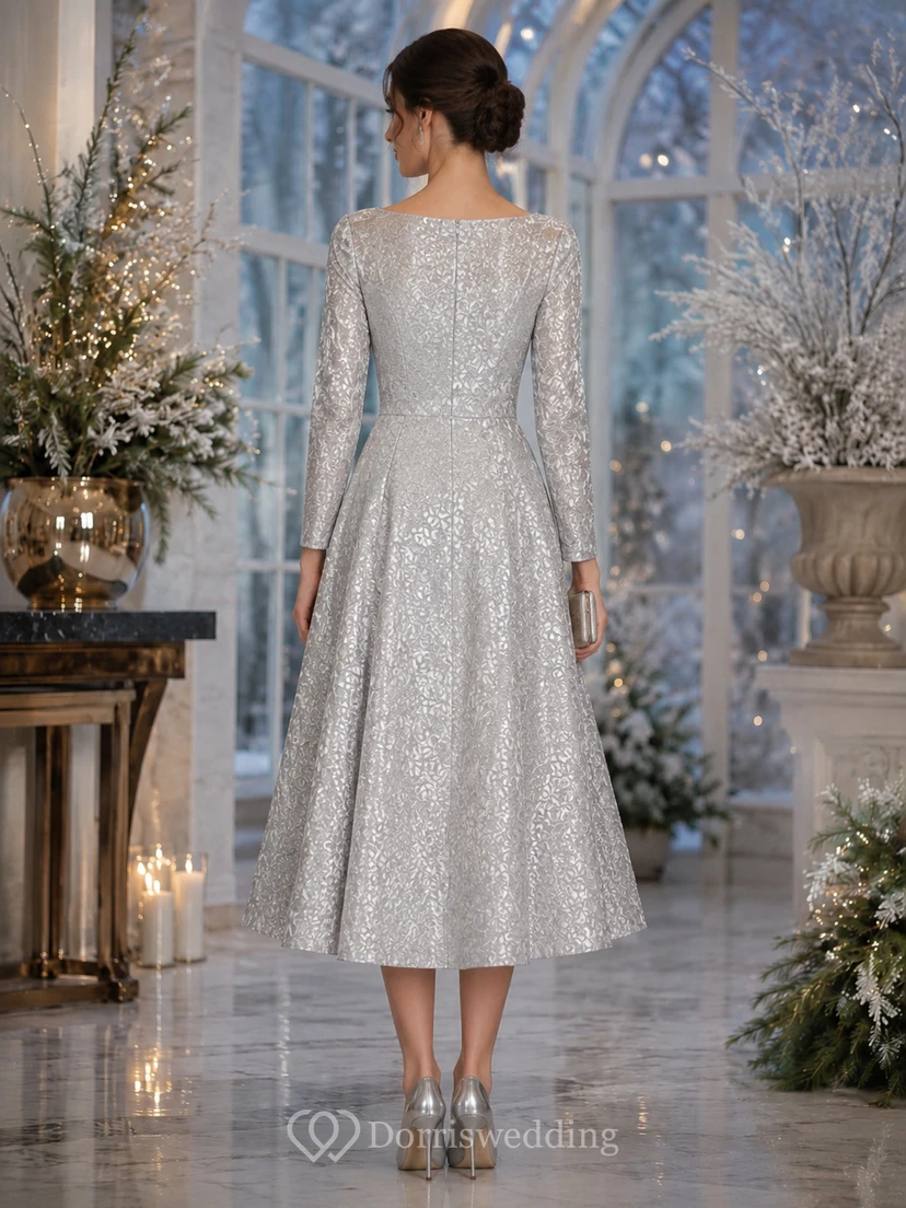 A-Linien-Cocktailkleid mit Pailletten, Schmucksteinen, langen Ärmeln und Teelänge view 2