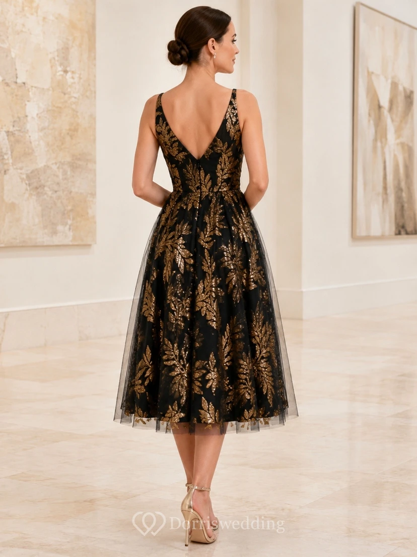 Black Gold V-Neck Sleeveless Floral Tulle A-Line Tea-Length Formal Dress view 2