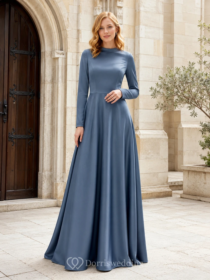 Dusty blue high neck long sleeve chiffon floor length bridesmaid gown