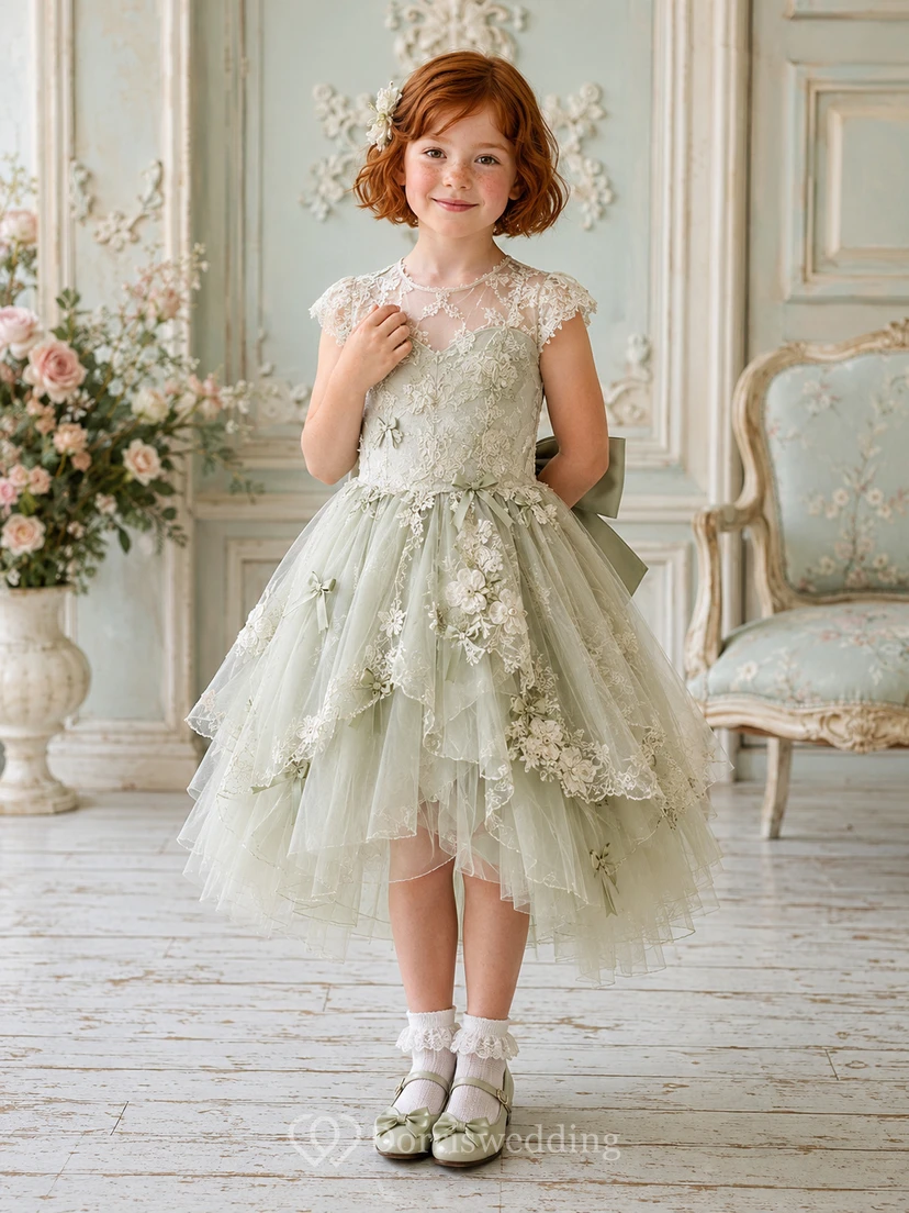 Flower Girl Dress A-Line Celadon Floral Lace Tulle High Low Bow