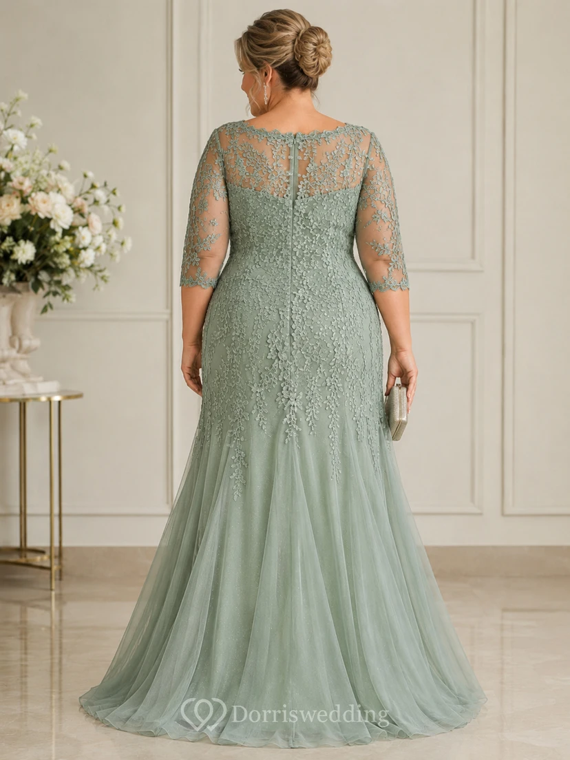 Plus Size Mermaid V-Neck 3/4 Length Sleeve Lace Mother Dress with Lace view 2