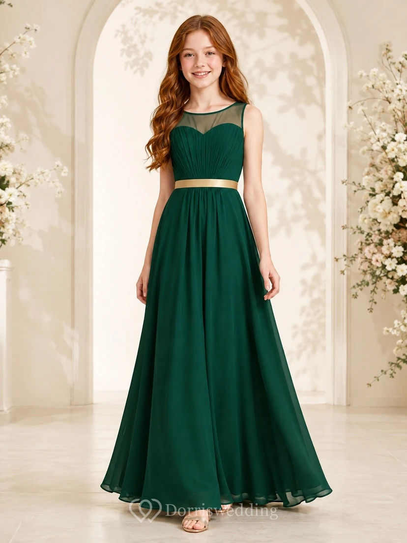 Dunkelgrünes Brautjungfernkleid für junge Mädchen, A-Linie, ärmellos, elegant, modern