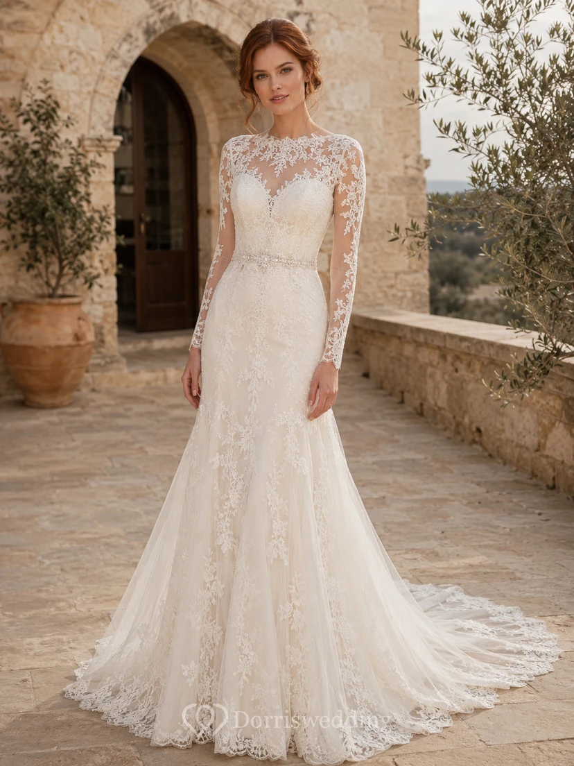 Robe de mariée modeste en dentelle et tulle, coupe sirène, col rond, manches longues et traîne chapelle.