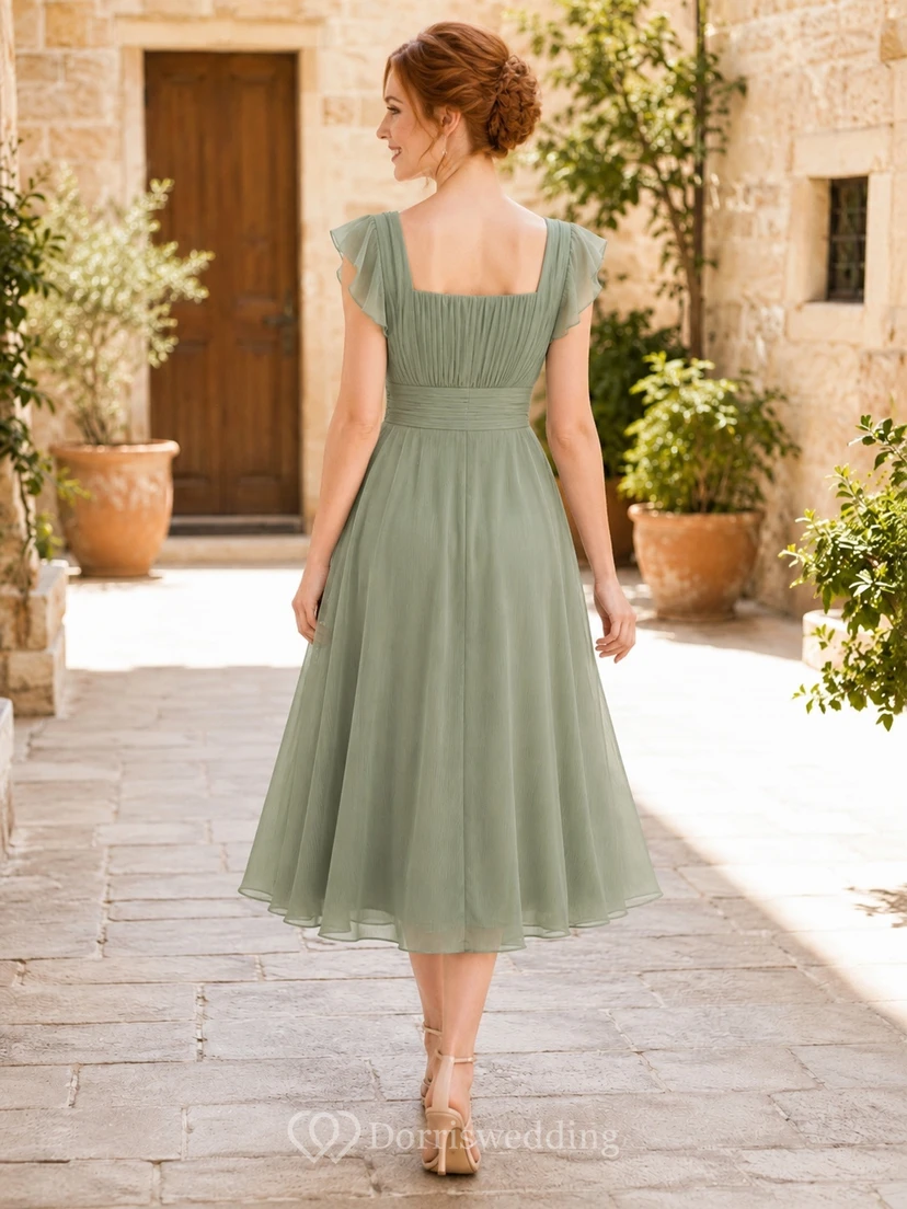 Sage Chiffon Square Neck Petal Sleeve A-Line Tea-length Casual Simple Garden Dress view 2
