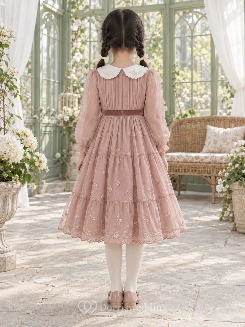 Tea-length Long Sleeve Vintage Rose A-Line Tulle Pintucked Peter-Pan-Collar Flowergirl Dress view 2