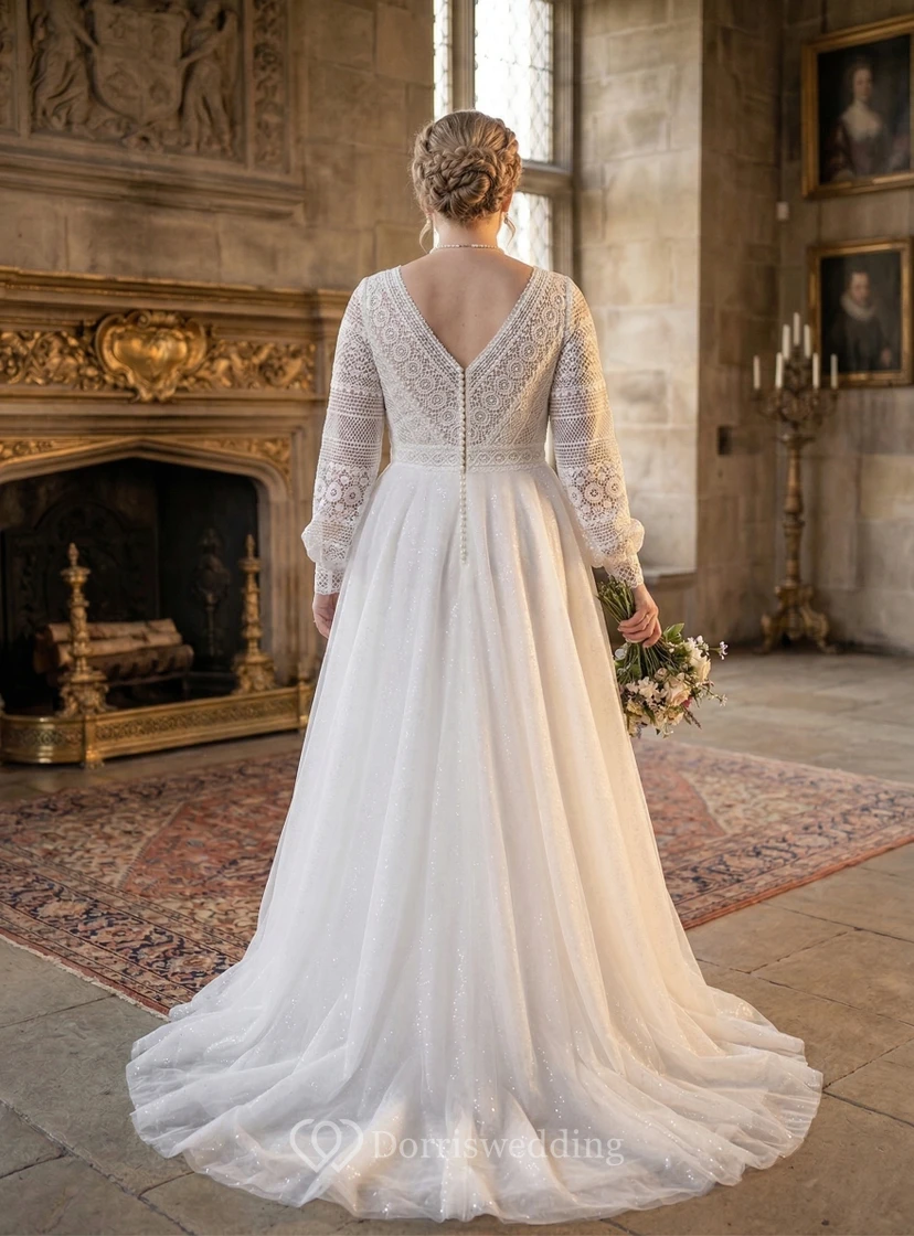 Plus Size Modest Long Sleeve Lace A-Line Wedding Dress with V-Neck view 2