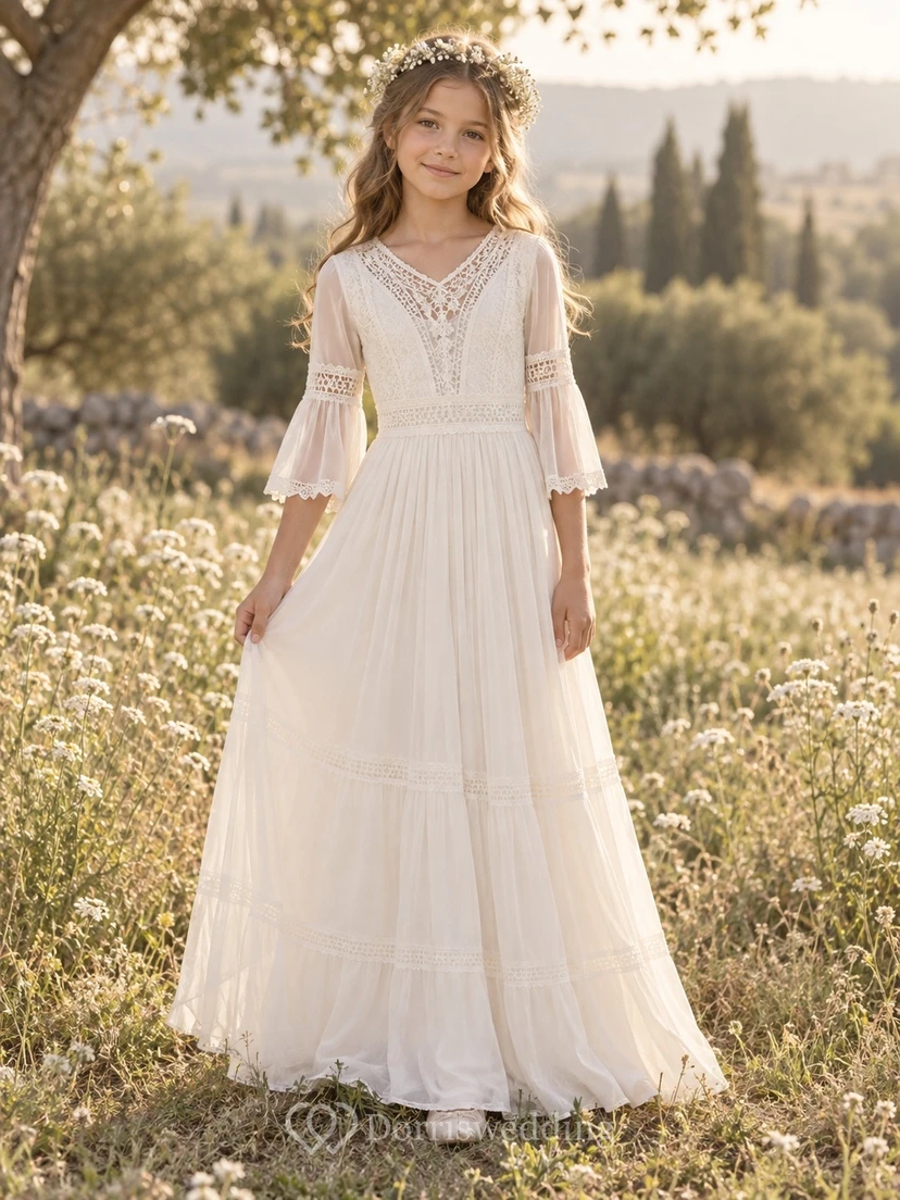 Boho-Kleid in Elfenbein mit V-Ausschnitt und Dreiviertelärmeln zur Erstkommunion