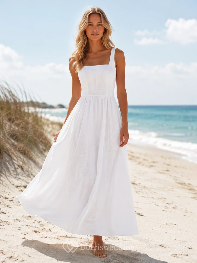 White Square Neck Strap Linen Beach Vacation Maxi Dress