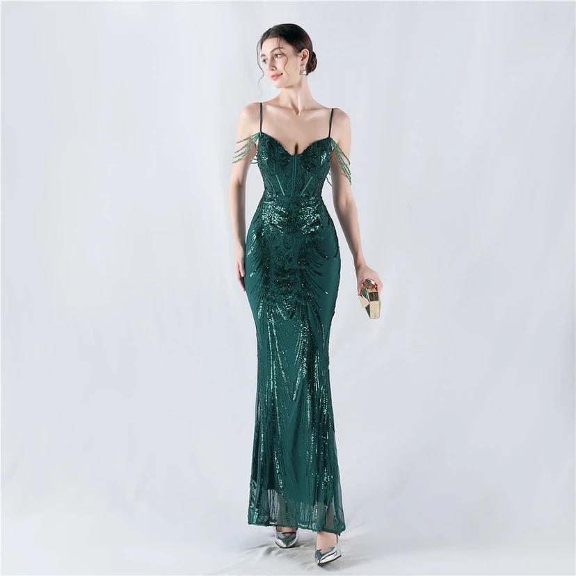 Waist-Reduced Fishbone Shaping Positioning Flower Sequined Anchor Sexy Beaded Suspender Evening Dress view 75