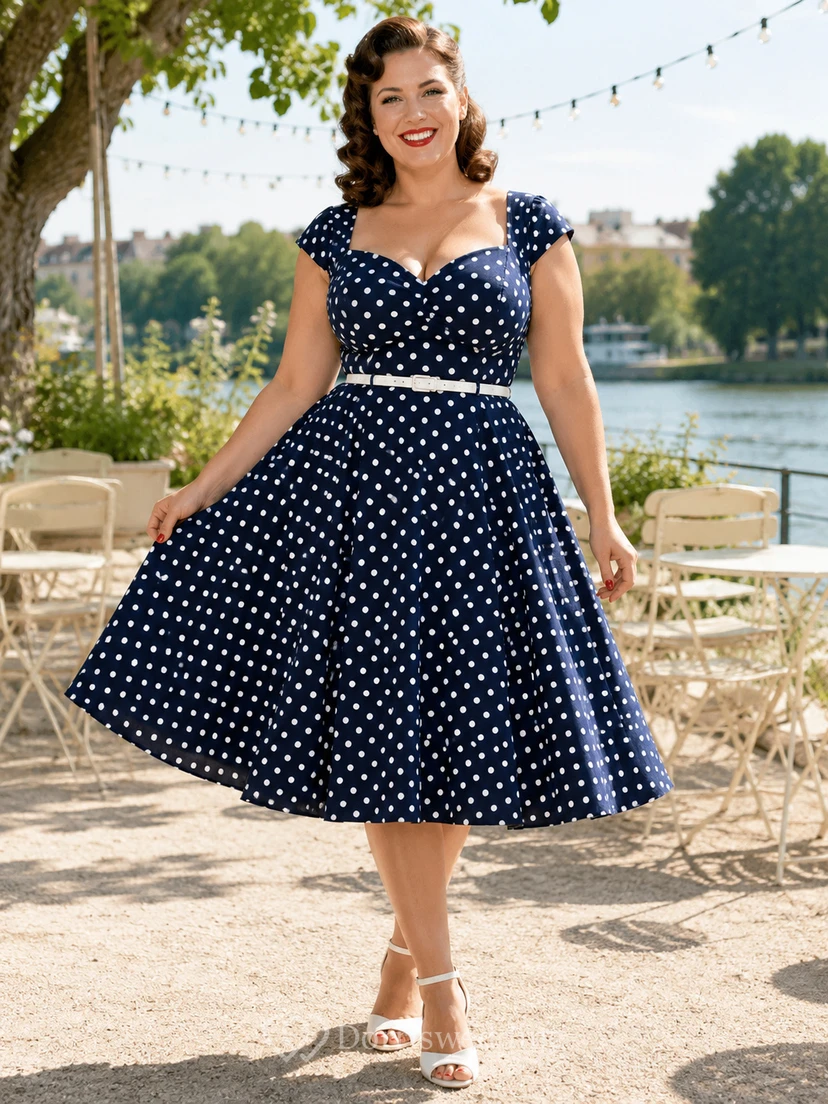 Robe cocktail grande taille vintage bleu marine à pois, décolleté cœur, manches courtes, coupe trapèze, longueur thé
