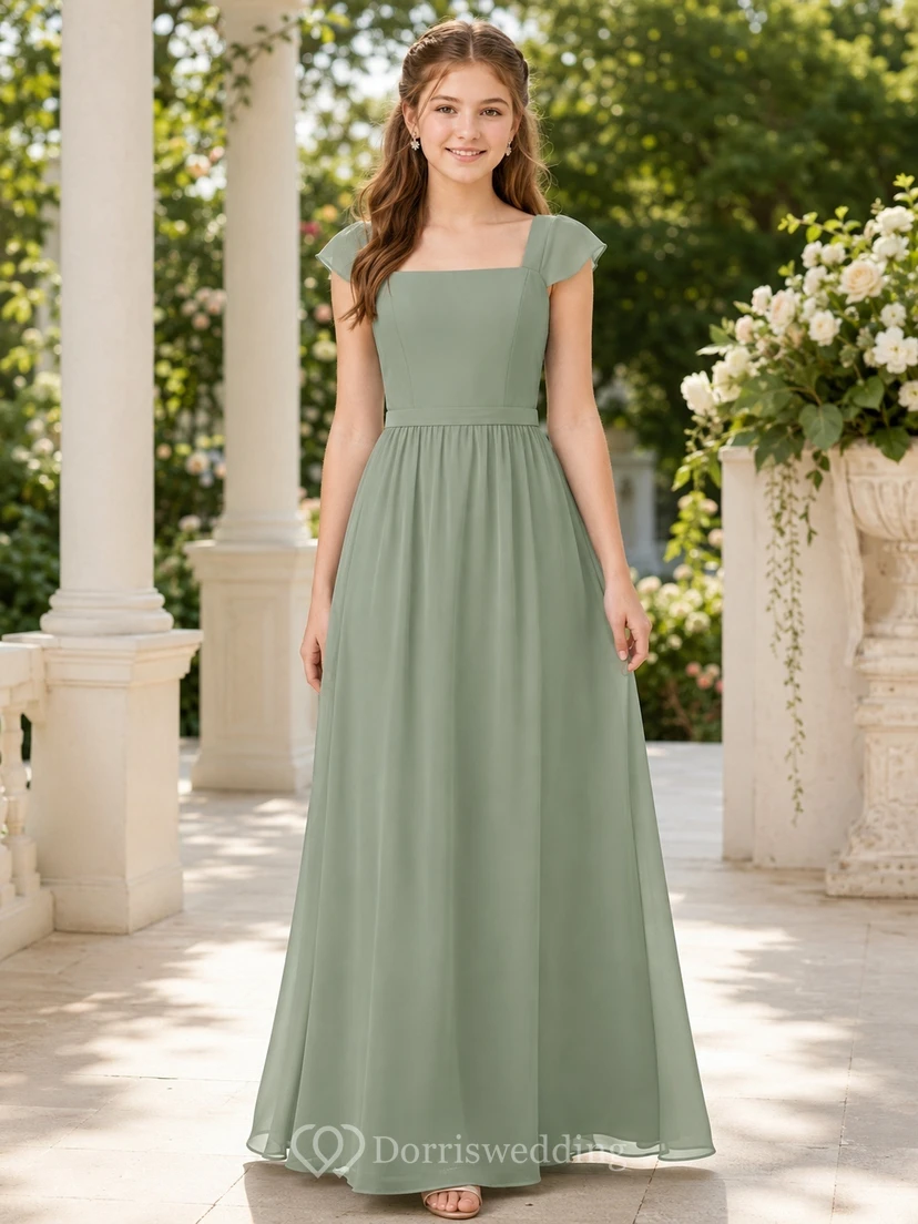 Celadonfarbenes Brautjungfernkleid für junge Mädchen, A-Linie, eckig, kurze Blütenblattärmel, Chiffon, schlicht