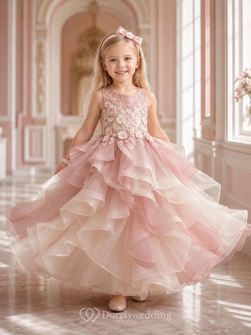 Vestido de princesa largo hasta el suelo para niña de las flores, vestido rosa rubor con encaje y volantes de pétalos.