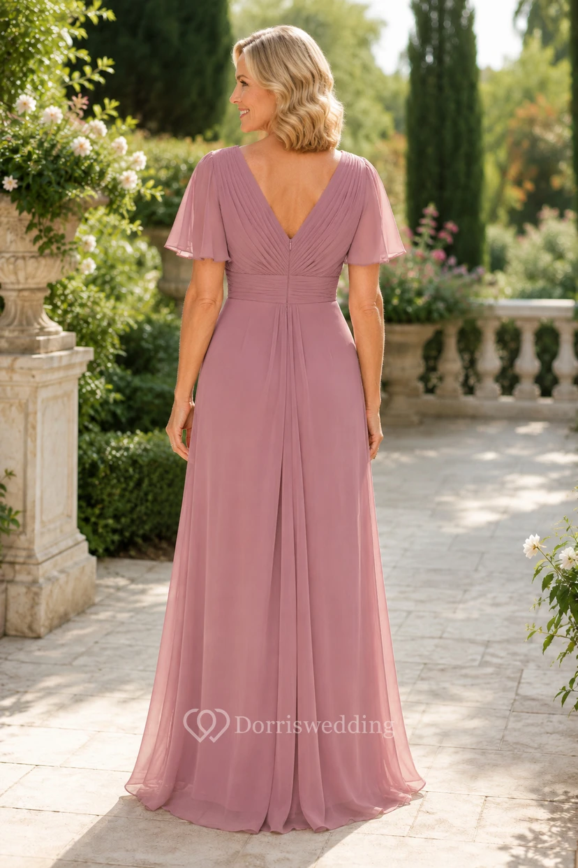 MOB-Kleid aus altrosafarbenem Chiffon, A-Linie, kurze Ärmel, V-Ausschnitt, bodenlang, gerafft view 2