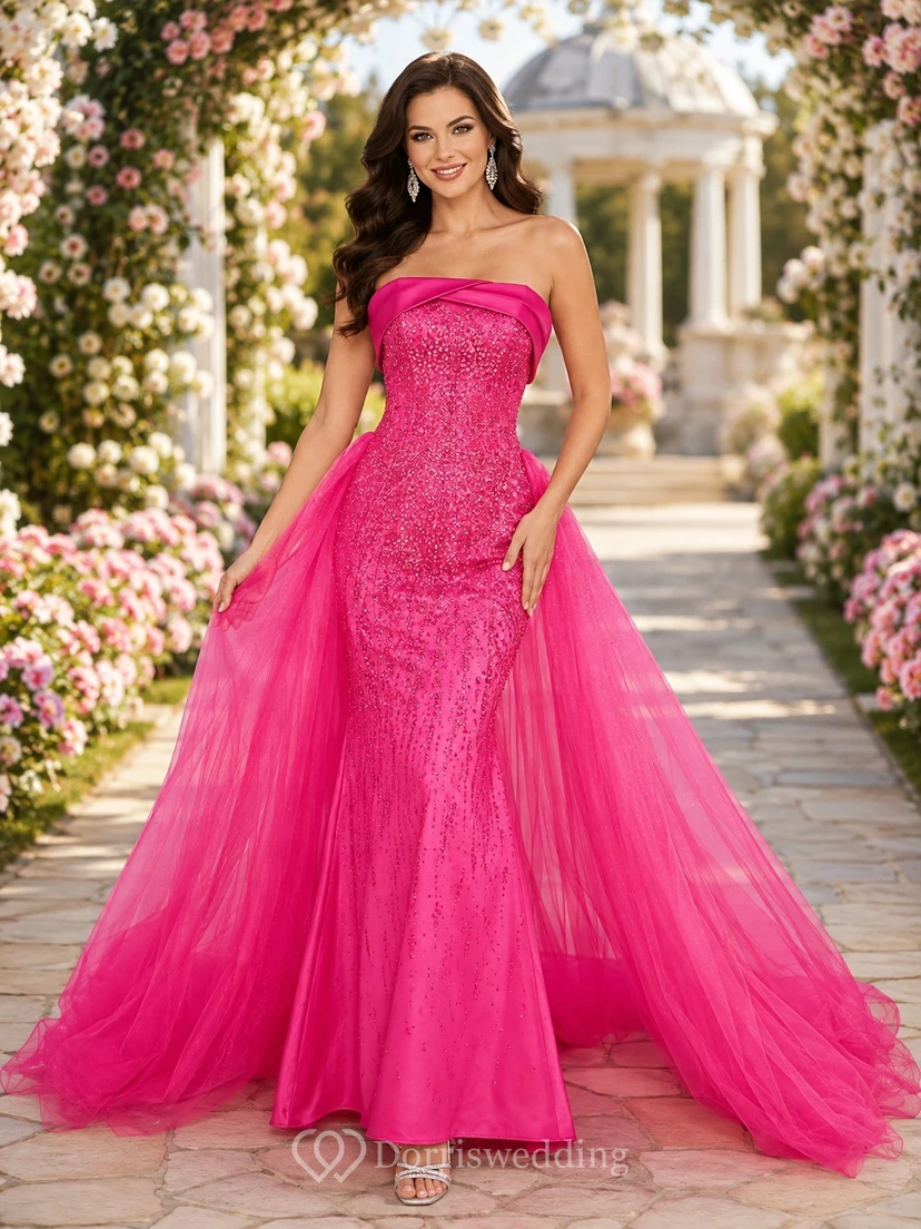 Hot Pink Strapless Beaded Tulle Mermaid Sweep Train Luxury Pageant Dress