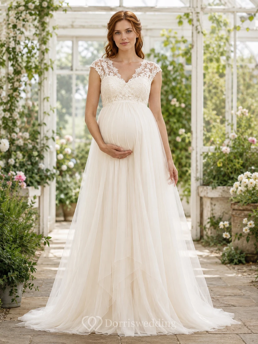 Robe de mariée de maternité à col en V et manches courtes en dentelle et tulle, robe de mariée champêtre