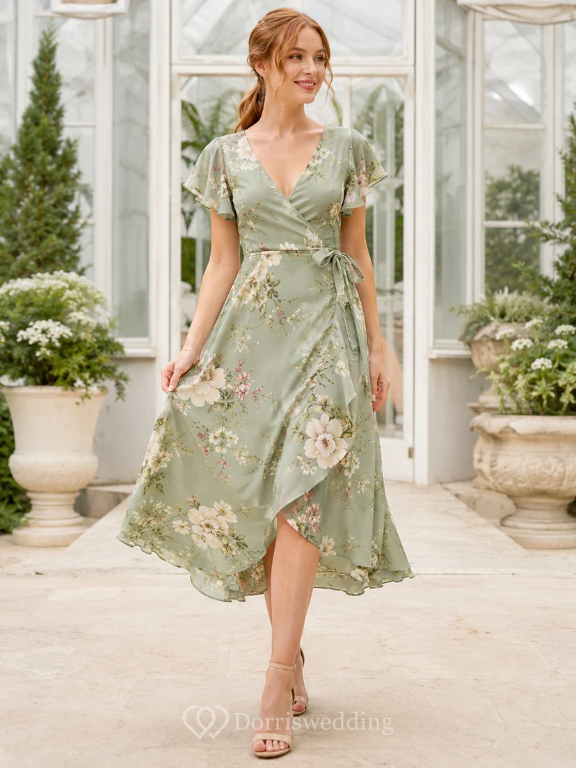 Robe de soirée asymétrique à col V et manches papillon, imprimé floral sauge