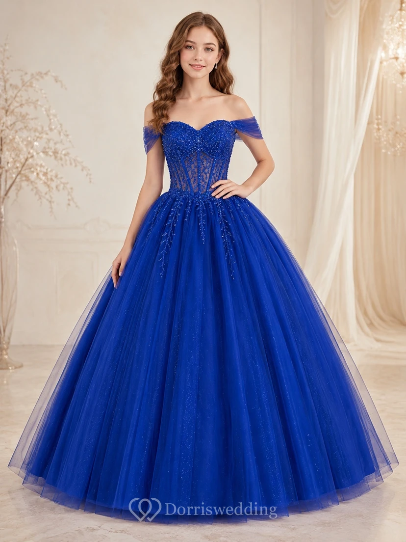 Royal Blue Off-shoulder Tulle Ball Gown Floor-length Sparkling Prom Formal Dress