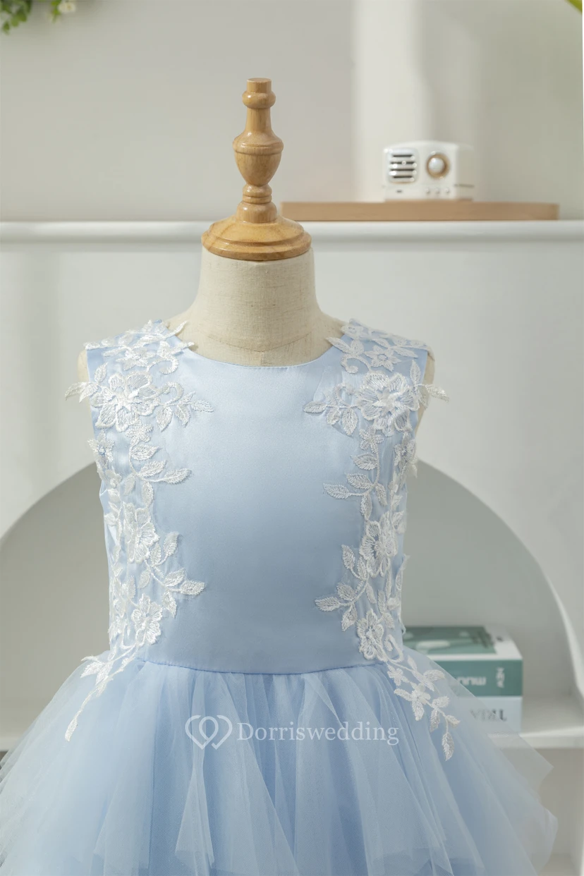 Sky Blue Scoop-neck Applique Ruffled Tulle Short Flowergirl Dress view 3