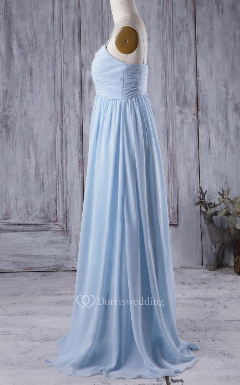 Spaghetti Straps Criss-cross Top A-line Pleated Chiffon Long Dress With Flowers view 3