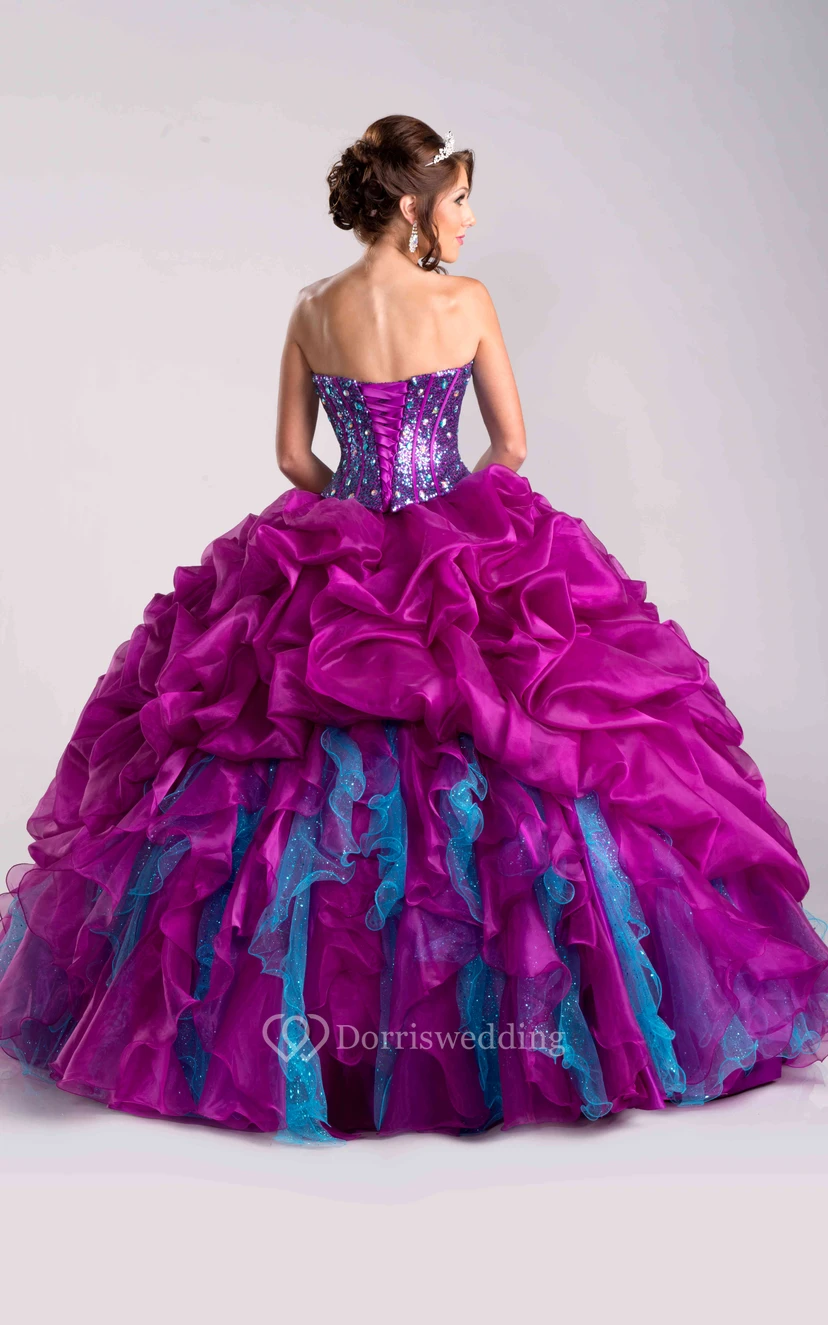 Sequined Corset Ball Gown With Pick-Ups And Cape view 2