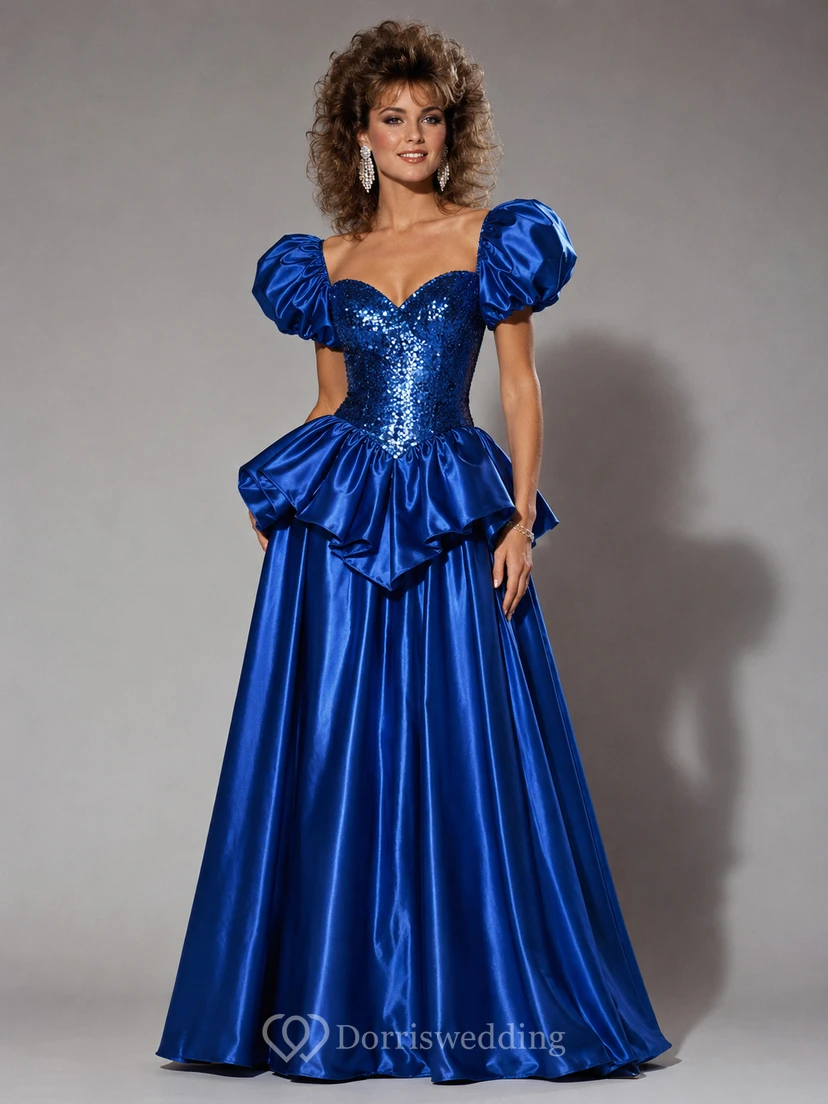 Paillettenbesetztes Ballkleid mit Herzausschnitt, kurzen Ärmeln und Schleifenfalten, bodenlang