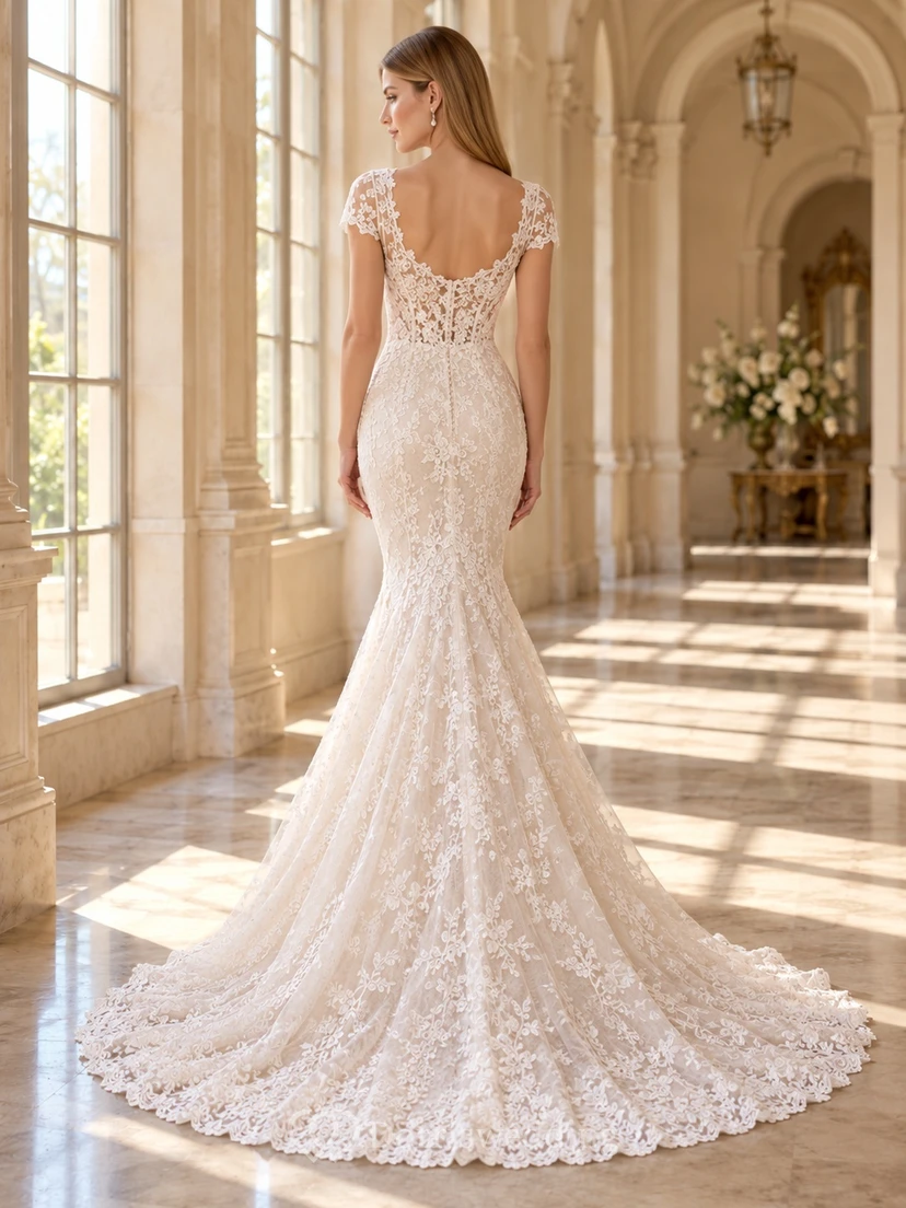 Mermaid Short Sleeve Scoop Neck Allover Lace Wedding Dress view 2