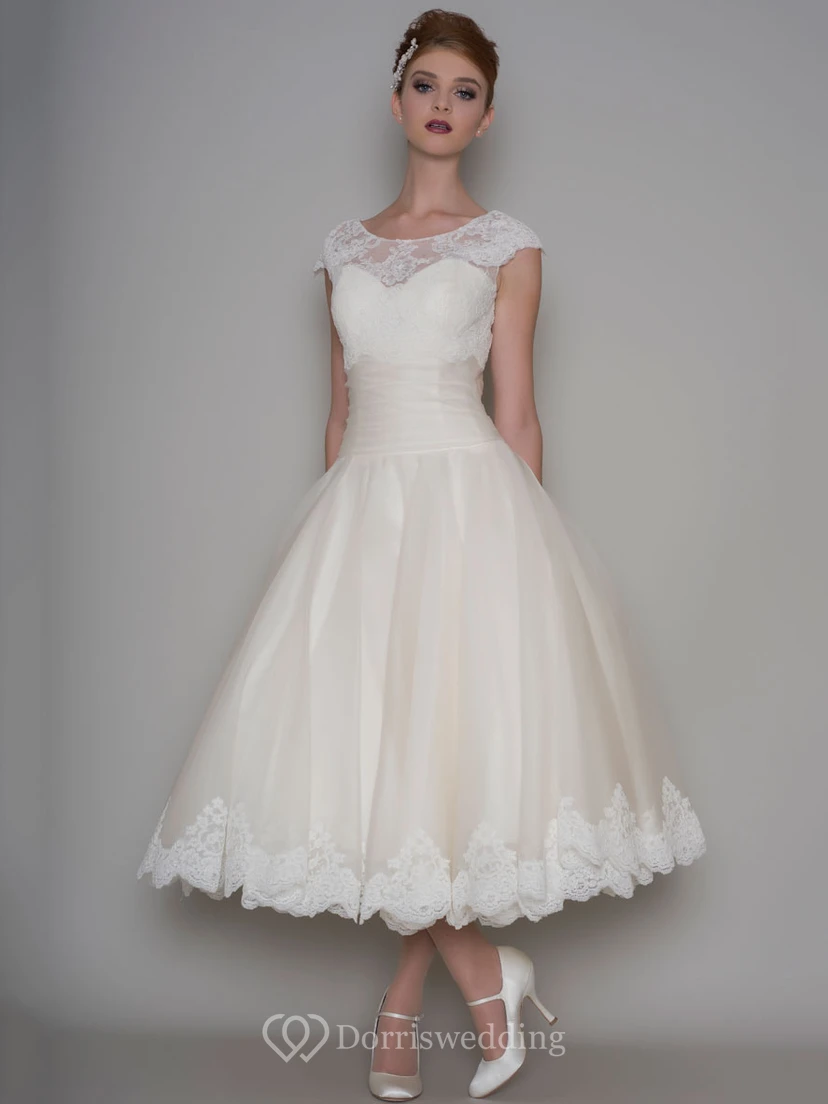 Tea-Length A-Line Scoop Neck Appliqued Cap Sleeve Tulle Wedding Dress view 3