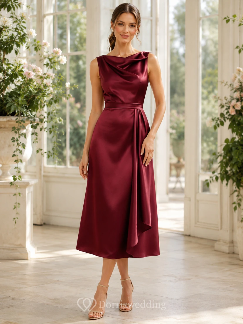 Claret Cowl Neck Draped Satin A-Line Tea-Length Wedding Guest Dress