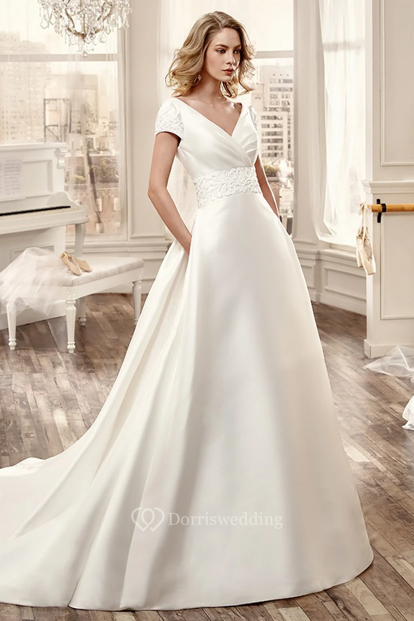 V-Neck Court-Train Satin Long Wedding Dress With Low-V Back And Floral Waistband