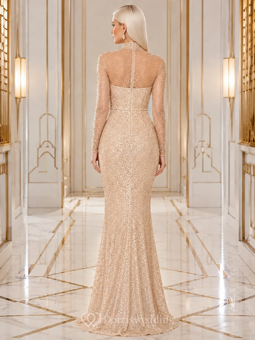 Champagne Sequin Illusion Sweetheart Long Sleeve Mermaid Evening Dress view 2