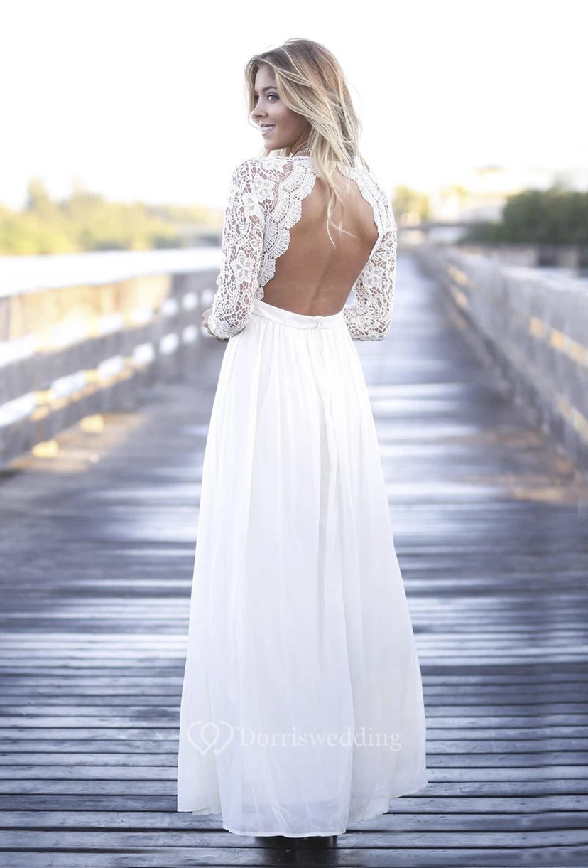 Simple Boho Illusion Lace Long Sleeve Jewel Tulle Dress With Open Back view 4