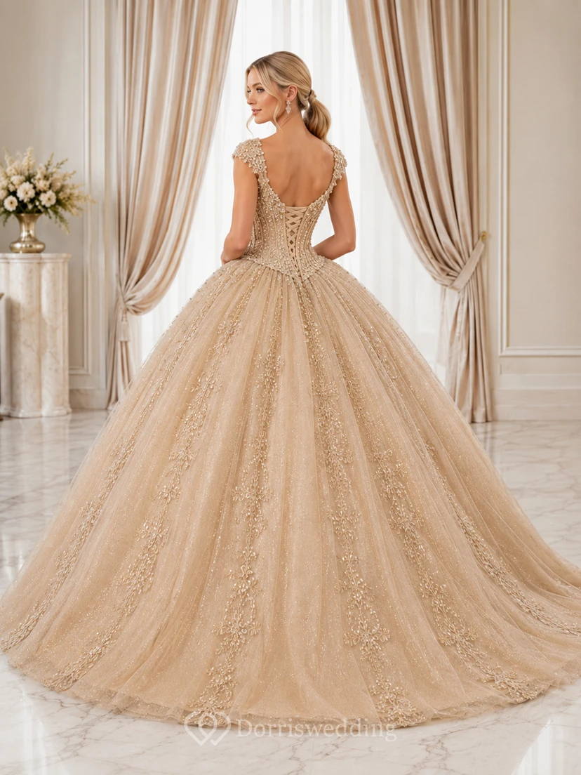Champagne Luxury Cap Sleeve Sweetheart Crystal Glitter Tulle Quinceanera Ball Gown view 2