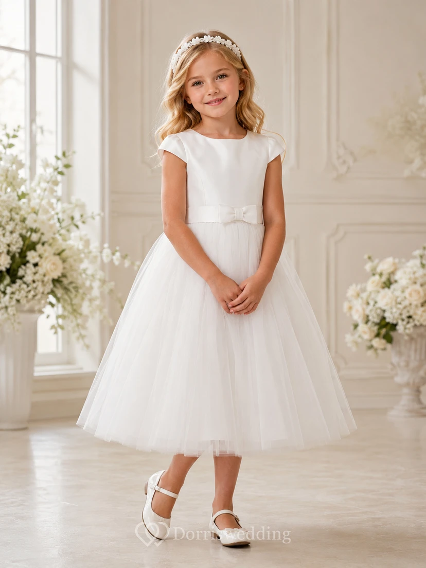 Robe de demoiselle d'honneur élégante en satin, coupe trapèze, col bateau, manches courtes, nœud en tulle