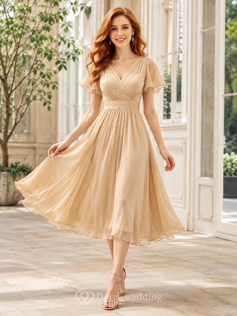 Romantic Champagne V-Neck Flutter Sleeve Chiffon A-Line Tea-Length Cocktail Dress