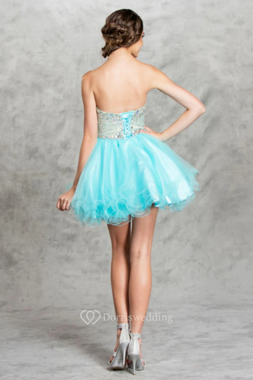 A-Linien-Minikleid mit herzförmigem Herzausschnitt, ärmellos, rückenfrei, aus Tüll, mit Perlenstickerei und Rüschen view 2